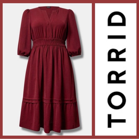 torrid Dresses & Skirts - Torrid Flowy shirt dress- Midi Tiered Shirt Dress Burgundy Size 4